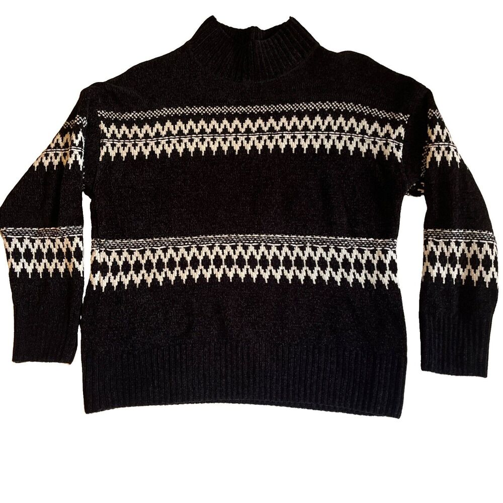 Christian Soriano Chenille Sweater Womens L Black White Fair Isle Pattern Ribbed